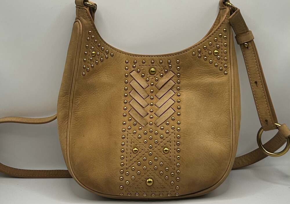 Frye Tan Leather Studded Crossbody Hobo Bag